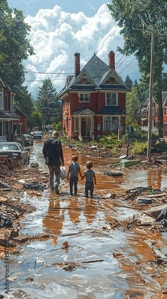 Fototapeta An elderly man and two children walk through a flooded neighborhood, showcasing the aftermath of a natural disaster with debris and damaged homes in the background.