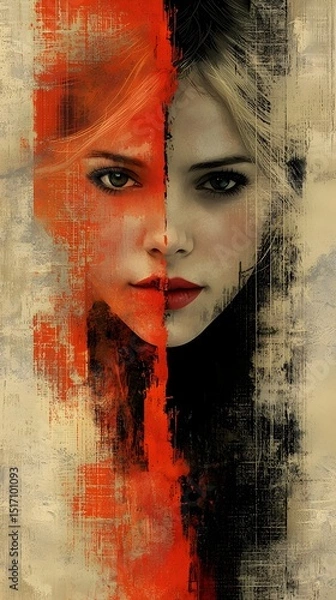 Fototapeta A striking digital portrait of a young woman with dual expressions, showcasing contrasting emotions through vibrant red and muted tones, highlighting her captivating gaze.