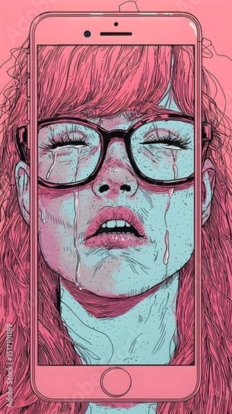 Fototapeta A vibrant illustration of a young woman with pink hair and glasses displayed on a smartphone screen, evoking emotions of sadness and introspection in a striking blue and pink color palette.