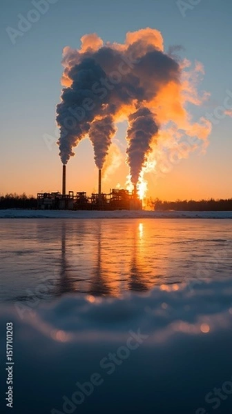 Fototapeta A striking sunset illuminates industrial smokestacks, emitting plumes of steam against a vibrant sky. The tranquil frozen lake reflects the colorful scene, blending nature and industry.