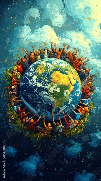 Fototapeta A diverse group of people of various ethnicities joyfully uniting around a vibrant Earth, symbolizing global harmony and collaboration under a bright, inspiring sky.