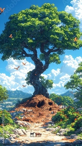 Fototapeta A majestic, sprawling tree with a thick trunk stands proudly in a vibrant landscape, surrounded by colorful flowers and butterflies, with small animals exploring the area.