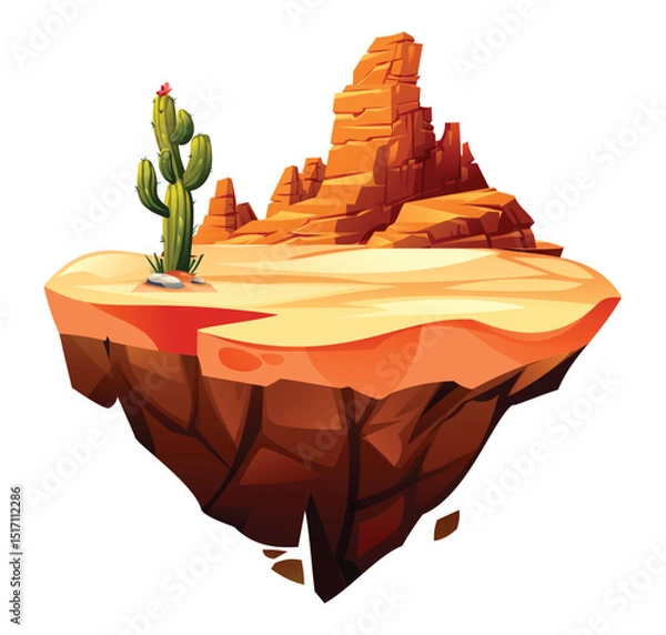 Fototapeta Cactus and canyon rocks on a dry desert floating island with open flat terrain. Vector cartoon illustration