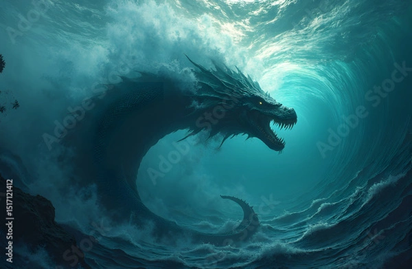 Fototapeta Leviathan serpent beneath glowing ocean waves