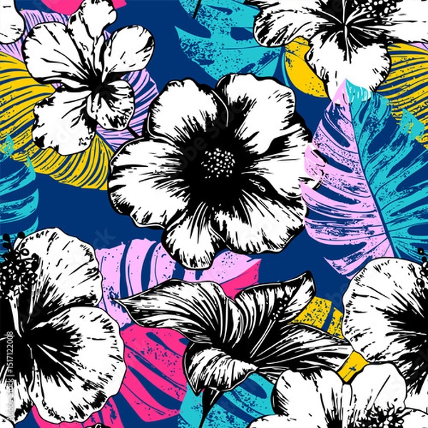 Obraz Seamless pattern with abstract tropical flowers. Creative texture for fabric, wrapping, textile, wallpaper, apparel. Bright vector illustration background