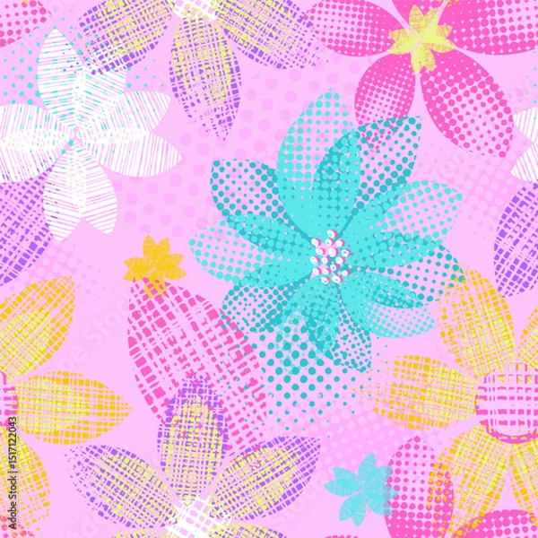 Obraz Seamless pattern of abstract flowers in grunge style. Bright color Vector illustration