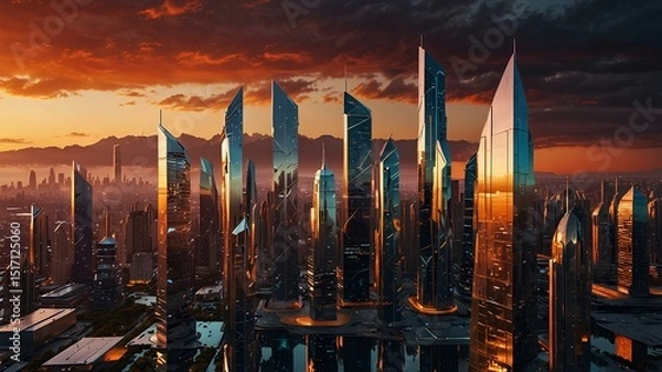 Obraz A futuristic cityscape made entirely of shining metallic surfaces