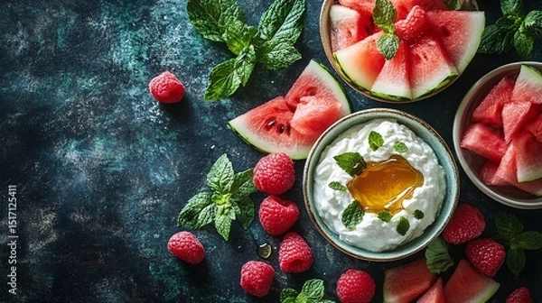 Fototapeta Summer Watermelon, Raspberry and Yogurt Dessert with Honey