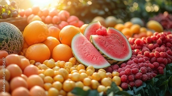 Fototapeta Sunlit Display of Fresh Summer Fruits Watermelon Slices, Raspberries, Oranges and Apricots