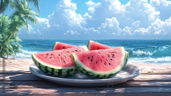 Fototapeta Three Slices of Watermelon on a Plate at the Beach