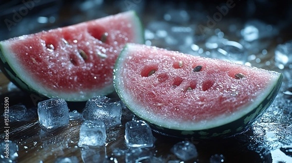 Fototapeta Two Slices of Juicy Watermelon on Ice Cubes