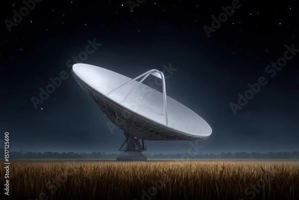 Fototapeta Satellite dish reflecting starlight in a tranquil field with tall grass under the night sky showcasing technological advancement and the connection between humanity and the cosmos