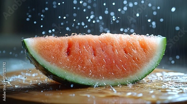Fototapeta Water Splashing on a Red Watermelon Slice on Wooden Board