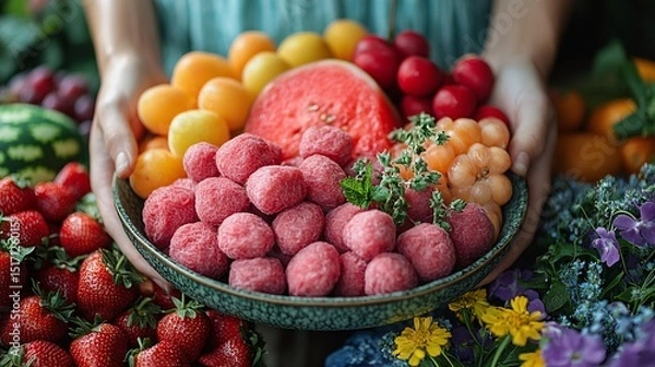 Fototapeta Woman's Hands Holding a Bowl of Assorted Summer Fruits