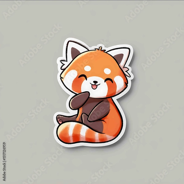 Obraz Sticker of the cute red panda sitting on its hind legs and smiling with one paw raised to its face The sticker is on a grey background with a white border a