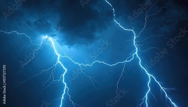 Fototapeta Vivid blue lightning strikes night sky during thunderstorm. Dramatic electric flash, power impact. Weather phenomenon, nature force, energy effect. Stormy, dramatic background, danger, climate