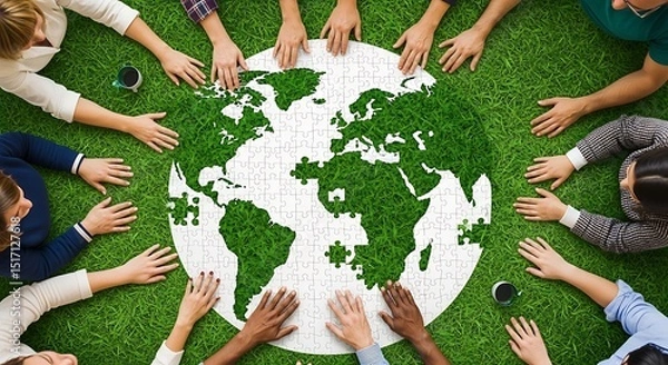 Fototapeta Hands of diverse people uniting around a green Earth. 
