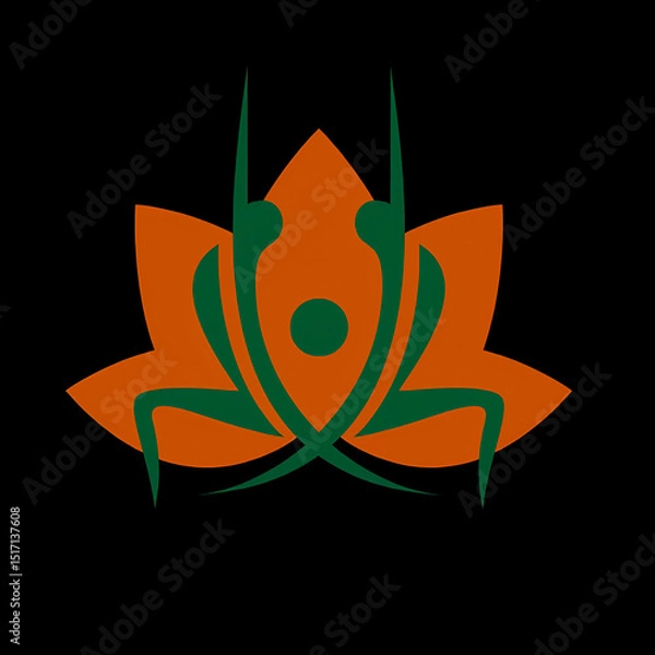 Fototapeta Elegant stylized lotus flower graphic design with orange and green elements on black background