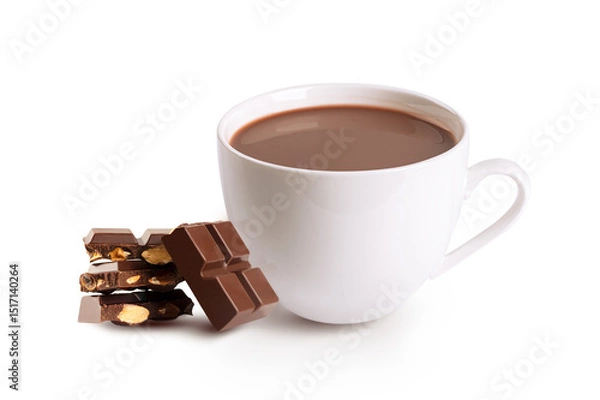 Obraz Cup of hot cocoa drink with chocolate bar isolated on white background.