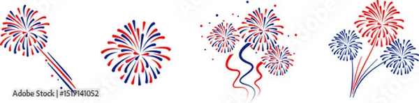 Obraz 4th july Independence Day fireworks collection .Red, blue fireworks for 4th of July .Fourth of July elements .United States of America celebration firecrackers set. USA flag, exploding fireworks .