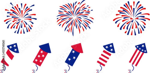 Obraz 4th july Independence Day fireworks collection .Red, blue fireworks for 4th of July .Fourth of July elements .United States of America celebration firecrackers set. USA flag, exploding fireworks .