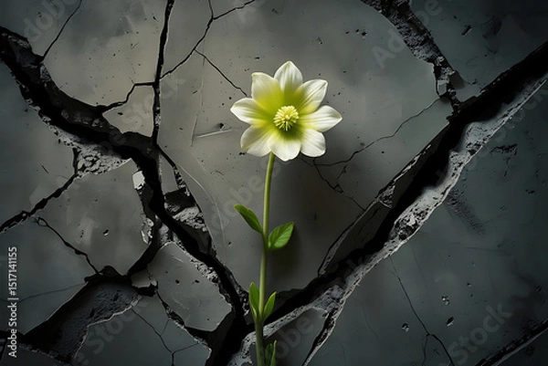 Fototapeta A delicate white flower blooms through cracked earth, symbolizing resilience and hope.


