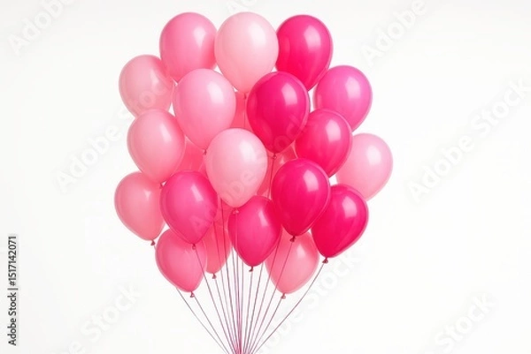Fototapeta Chic cluster of glossy magenta and hot pink balloons bunched together, creating a vibrant and playful accent, isolated on a clean white backdrop.