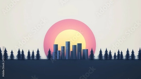 Fototapeta wildfire and architecture concept. Stylized city skyline with sunset and silhouette of trees.