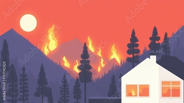 Fototapeta wildfire and architecture concept. Fiery mountains and a house under a sunset sky.