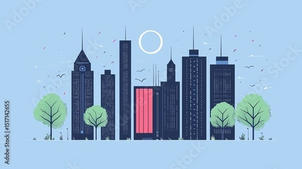 Fototapeta wildfire and architecture concept. City skyline with trees and blue background.