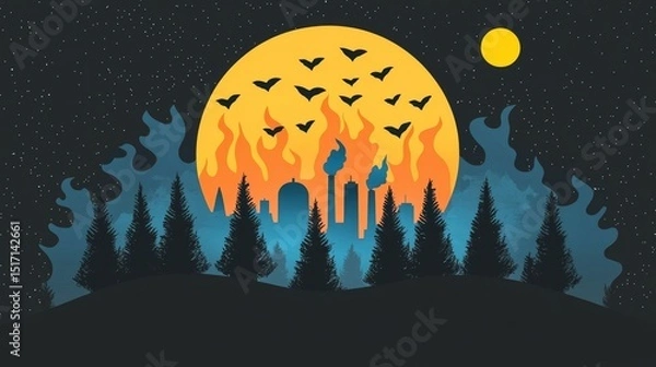 Fototapeta wildfire and architecture concept. Fiery sunset over a city skyline with silhouettes of trees and birds.