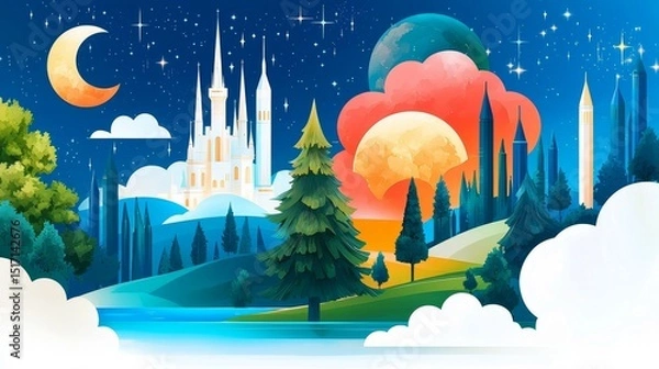 Fototapeta wildfire and architecture concept. A whimsical landscape with castles, trees, and a colorful sky.