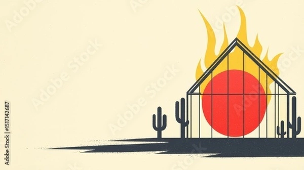 Fototapeta wildfire and architecture concept. Stylized house with flames and sun against a desert backdrop.