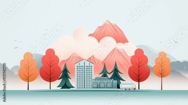 Fototapeta wildfire and architecture concept. Colorful landscape featuring mountains, trees, and a cityscape illustration.