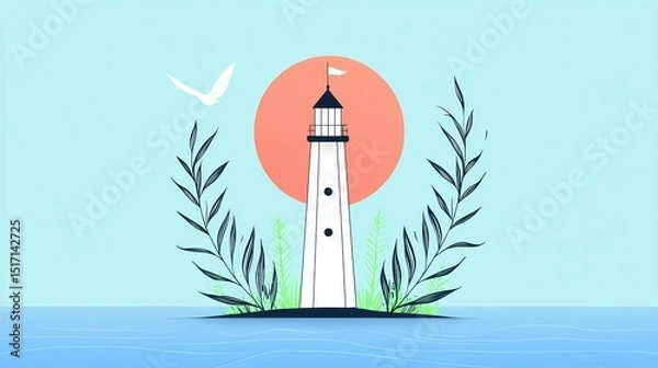 Fototapeta wildfire and architecture concept. Illustration of a lighthouse surrounded by water and greenery.