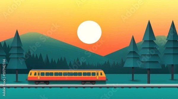 Fototapeta wildfire and architecture concept. Colorful train travels through a stylized landscape at sunset.