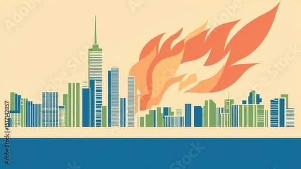 Fototapeta wildfire and architecture concept. Urban skyline with flames and abstract design elements.