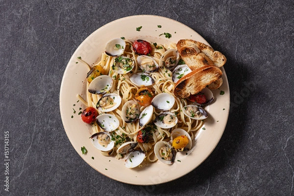Obraz Fresh plate of  Linguini with clams and roasted tomatoes