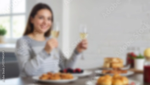 Fototapeta Blurred woman sits at breakfast table holding drinks. Image is intentionally blurred for background or design use.