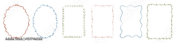 Fototapeta Hand drawn rectangle, oval swirl curved frame set. Pencil texture doodle curly borders collection. Chalk scribble wavy wedding invitation, greeting card, postcard design. Vintage vector illustration