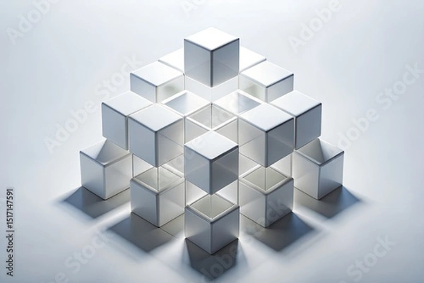 Fototapeta Abstract white cubes structure arranged in complex minimalist composition of interlocking blocks highlighting modern geometric design