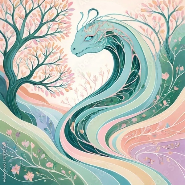 Obraz 花の景色からあらわれる龍