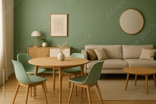 Fototapeta Chic Scandinavian Living Room with Mint Green Chairs Around a Wooden Table and a Cozy Sofa Near a Green Accent Wall