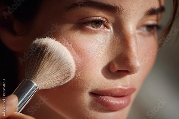 Fototapeta Applying blush for a radiant look: soft makeup brush on cheek, enhancing natural beauty with a touch of color and emphasizing facial features.