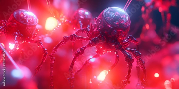 Fototapeta 3D rendering of virus particles with red glowing effect symbolizing infection and danger  
