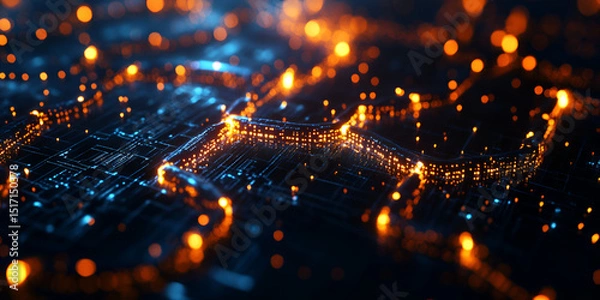 Fototapeta Closeup of glowing digital circuit board representing advanced technology and data flow  
