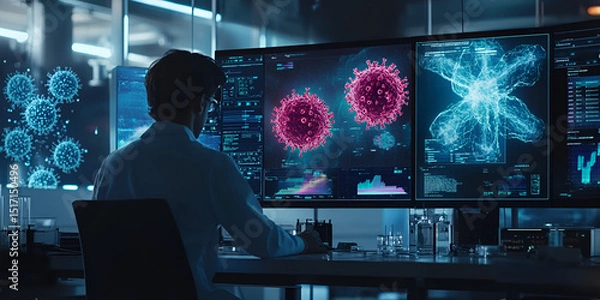 Fototapeta Scientist analyzing virus data and molecular structures on multiple digital screens in lab  

