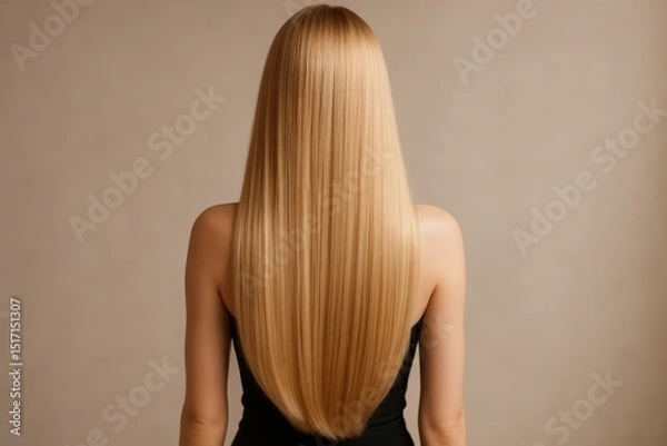 Fototapeta Elegant rearview shot of a young woman with exceptionally long flowing healthy blonde hair cascading down her back against a soft neutral background.