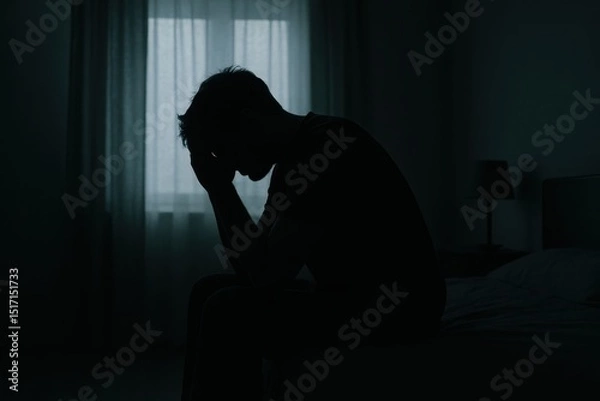 Fototapeta Silhouette of a despairing man sitting hunched over on the edge of a bed in a dark sparsely furnished bedroom his head in his hands.