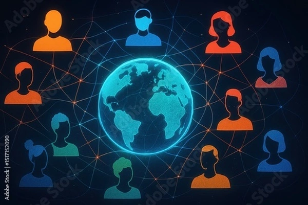 Fototapeta Abstract representation of global teamwork with interconnected diverse human figures forming a network around a glowing stylized world map.